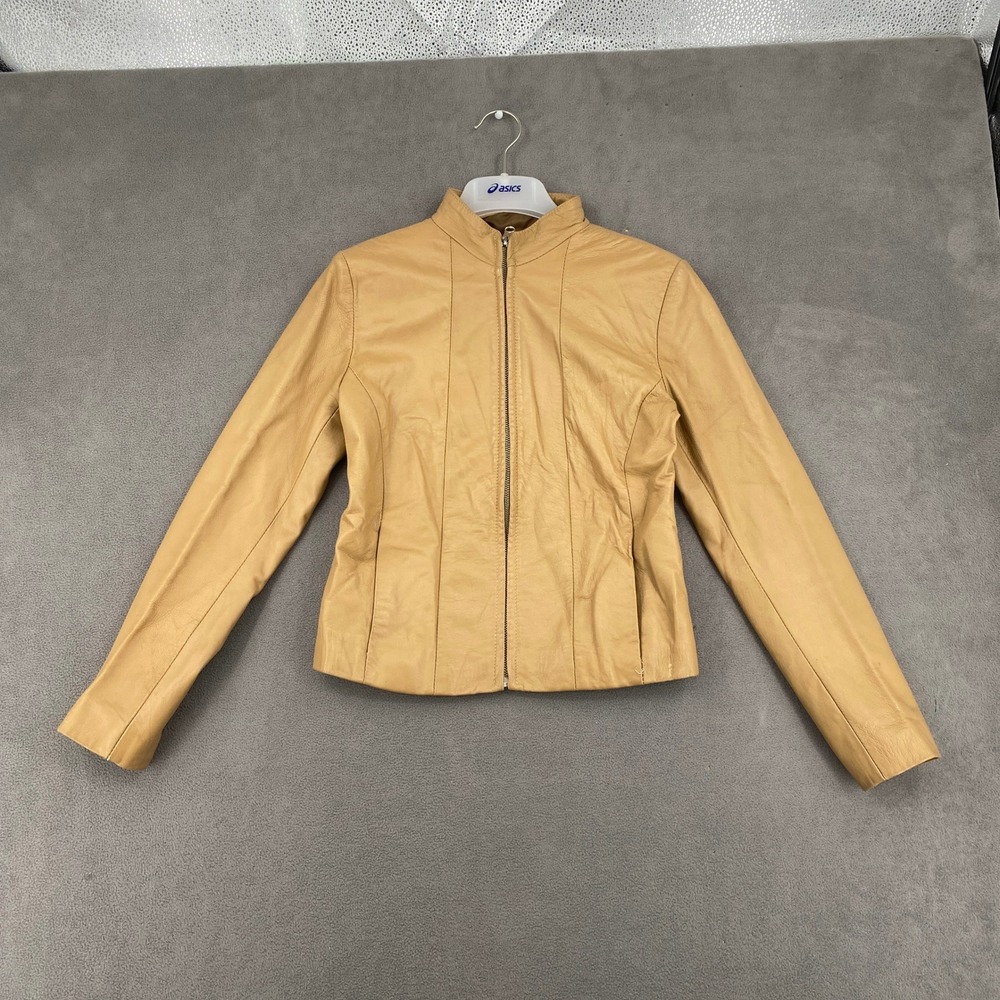 Vera Pelle Tan Leather Jacket Made in Italy Mock Neck Full Zip Size 40 Tan Camel